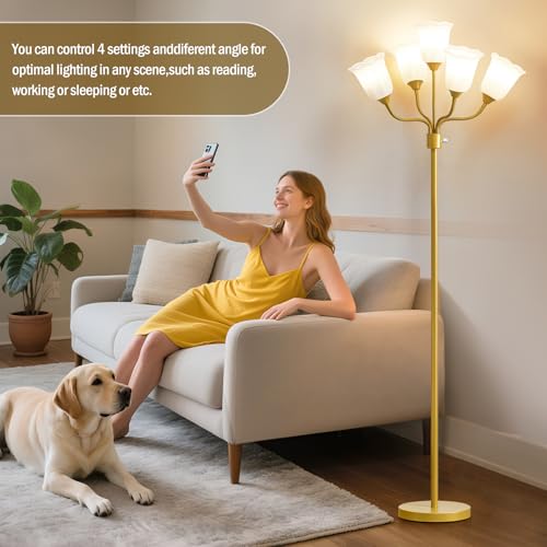 GyroVu Medusa Floor Lamp, Multi Head Modern Tall Lamp with Adjustable Gooseneck Standing Gold Lamps for Living Room Kids Room&Bedroom-5 White Lampshades-Bulb Not Included - Image 5