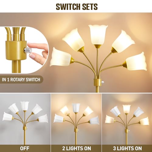 GyroVu Medusa Floor Lamp, Multi Head Modern Tall Lamp with Adjustable Gooseneck Standing Gold Lamps for Living Room Kids Room&Bedroom-5 White Lampshades-Bulb Not Included - Image 2