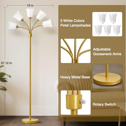 GyroVu Medusa Floor Lamp, Multi Head Modern Tall Lamp with Adjustable Gooseneck Standing Gold Lamps for Living Room Kids Room&Bedroom-5 White Lampshades-Bulb Not Included - Image 3