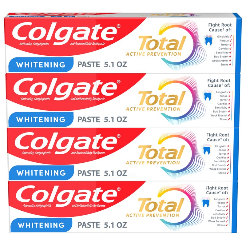 Colgate Total Whitening Toothpaste Paste, 5.1 oz, 4 Pack, Fluoride, Antibacterial, for Plaque, Gingivitis, Sensitivity, Stain Removal, Clinically Proven, Mint, Teeth Whitening, Stannous Fluoride - Image 1