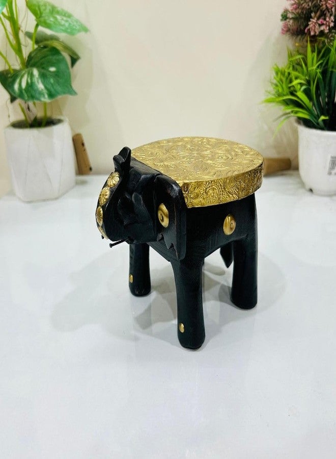 PEDEX - Handcrafted Wooden Table Decor Elephant Stool with Brass Embossed Top Decorative Showpiece for Home, Pooja, Living Room & Corner Table Decor | Ethnic Elephant Side Stool - Image 1