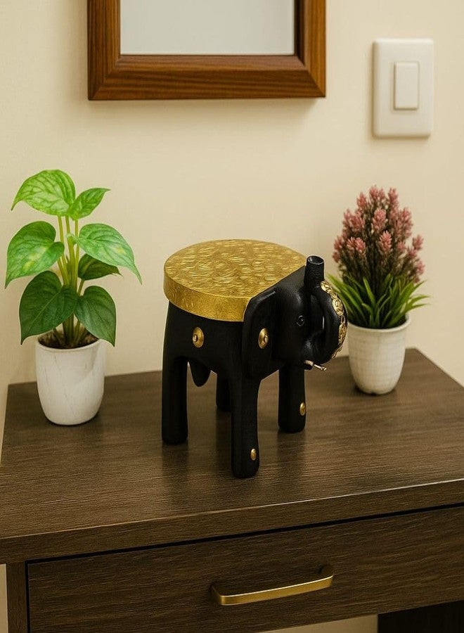 PEDEX - Handcrafted Wooden Table Decor Elephant Stool with Brass Embossed Top Decorative Showpiece for Home, Pooja, Living Room & Corner Table Decor | Ethnic Elephant Side Stool - Image 4