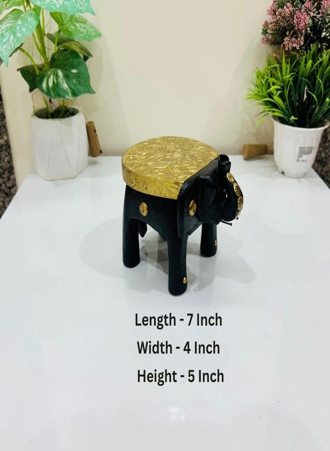 PEDEX - Handcrafted Wooden Table Decor Elephant Stool with Brass Embossed Top Decorative Showpiece for Home, Pooja, Living Room & Corner Table Decor | Ethnic Elephant Side Stool - Image 2