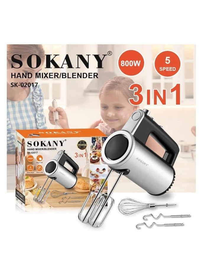 sokany - 3 IN 1 Stainless Steel Hand Mixer/Blender- 5Speed\800W(SK-02017) - Image 1