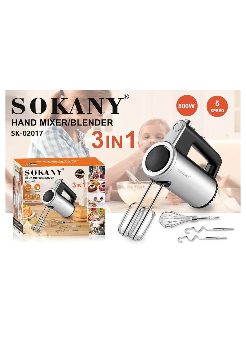sokany - 3 IN 1 Stainless Steel Hand Mixer/Blender- 5Speed\800W(SK-02017) - Image 1