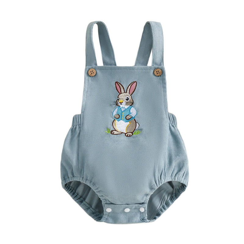 Dcohmch Infant Baby Boy Girl Easter Outfit Bunny Embroidery Sleeveless Romper Overalls Newborn Summer Clothes (Blue, 6-12 Months) - Image 1