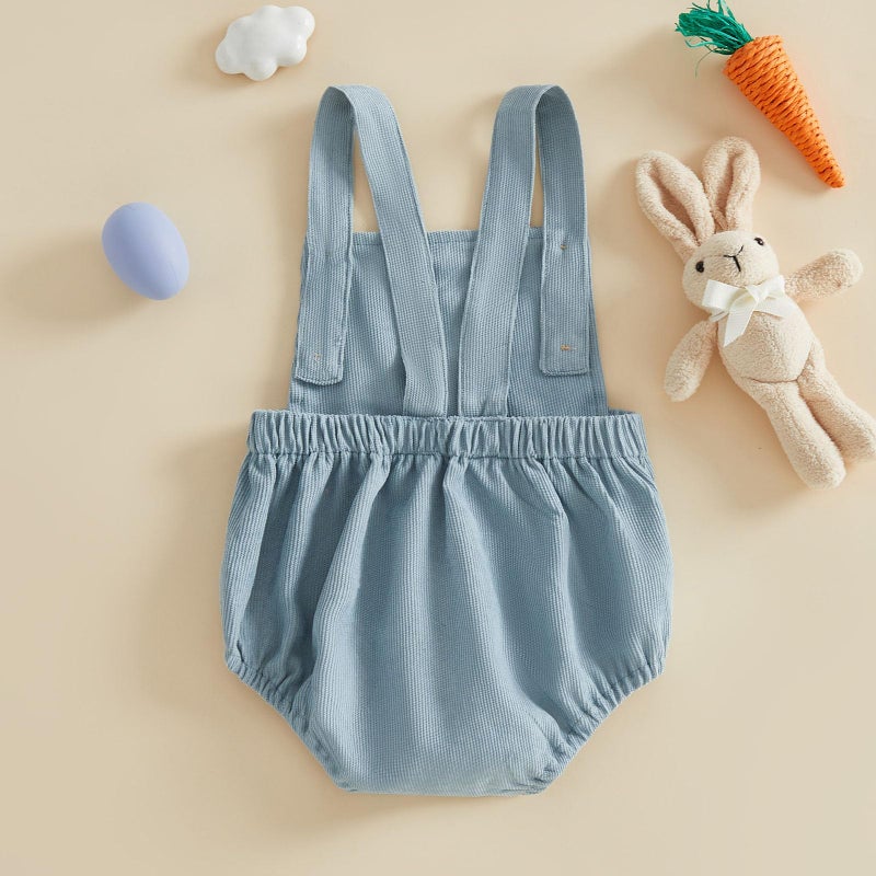 Dcohmch Infant Baby Boy Girl Easter Outfit Bunny Embroidery Sleeveless Romper Overalls Newborn Summer Clothes (Blue, 6-12 Months) - Image 4