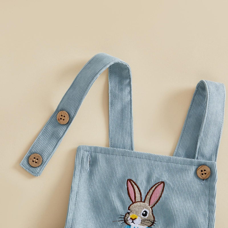 Dcohmch Infant Baby Boy Girl Easter Outfit Bunny Embroidery Sleeveless Romper Overalls Newborn Summer Clothes (Blue, 6-12 Months) - Image 5