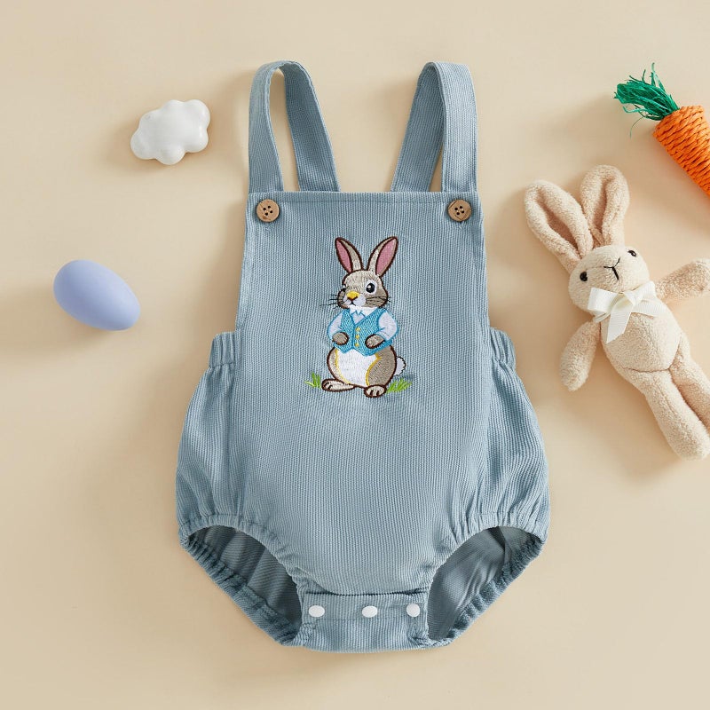 Dcohmch Infant Baby Boy Girl Easter Outfit Bunny Embroidery Sleeveless Romper Overalls Newborn Summer Clothes (Blue, 6-12 Months) - Image 3