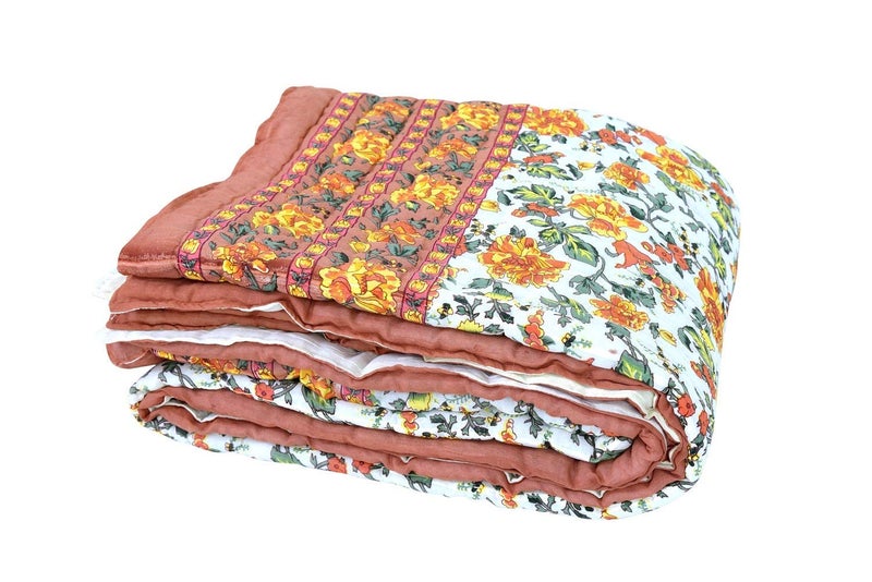SVT SVT Traditional Famous Rajasthani Print Jaipuri Beautiful Floral Print in Multi Coffee mughal Print Jaipuri RajaiRazaiQuilt King SizeKing Size Bed QuiltComforterAC QuiltAC Comforter  - Image 1
