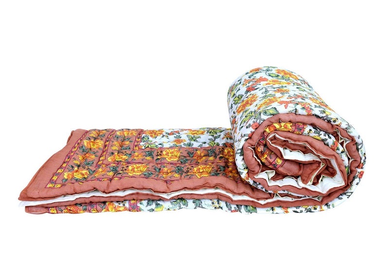 SVT SVT Traditional Famous Rajasthani Print Jaipuri Beautiful Floral Print in Multi Coffee mughal Print Jaipuri RajaiRazaiQuilt King SizeKing Size Bed QuiltComforterAC QuiltAC Comforter  - Image 3