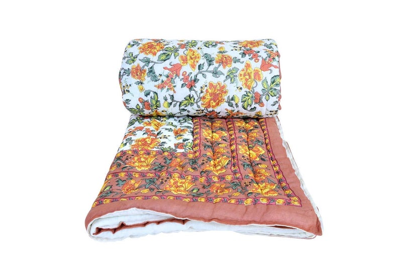 SVT SVT Traditional Famous Rajasthani Print Jaipuri Beautiful Floral Print in Multi Coffee mughal Print Jaipuri RajaiRazaiQuilt King SizeKing Size Bed QuiltComforterAC QuiltAC Comforter  - Image 2