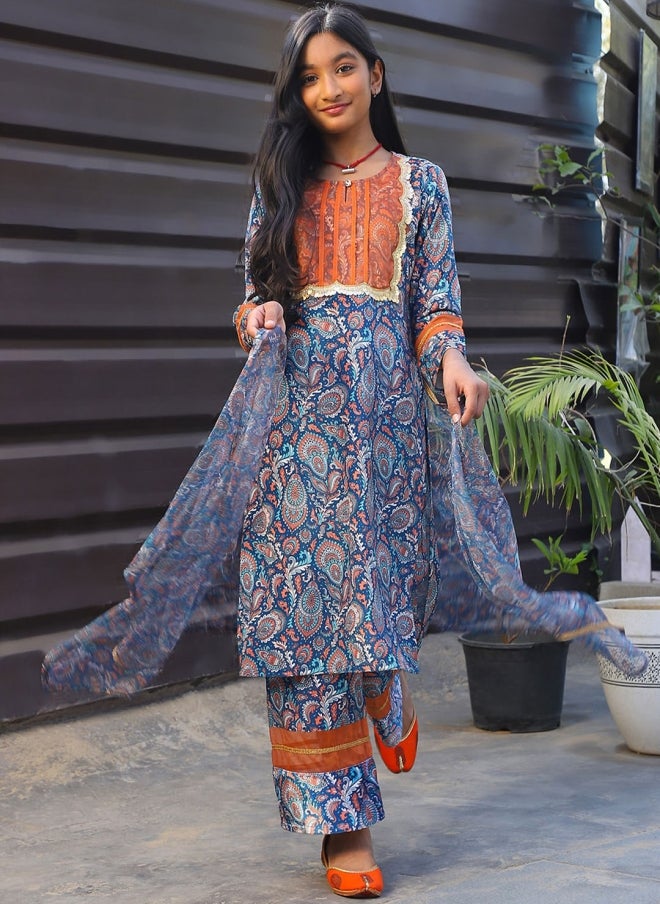 أيه كيه إس طقم كورتا بناتي مخمل مطبوع بنقوش عرقية - Image 1