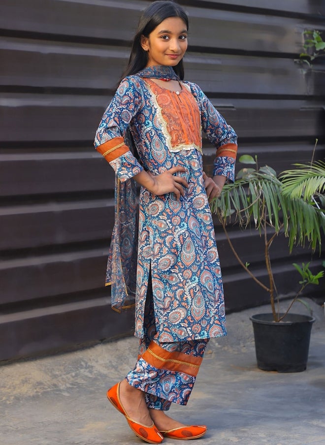 أيه كيه إس طقم كورتا بناتي مخمل مطبوع بنقوش عرقية - Image 3