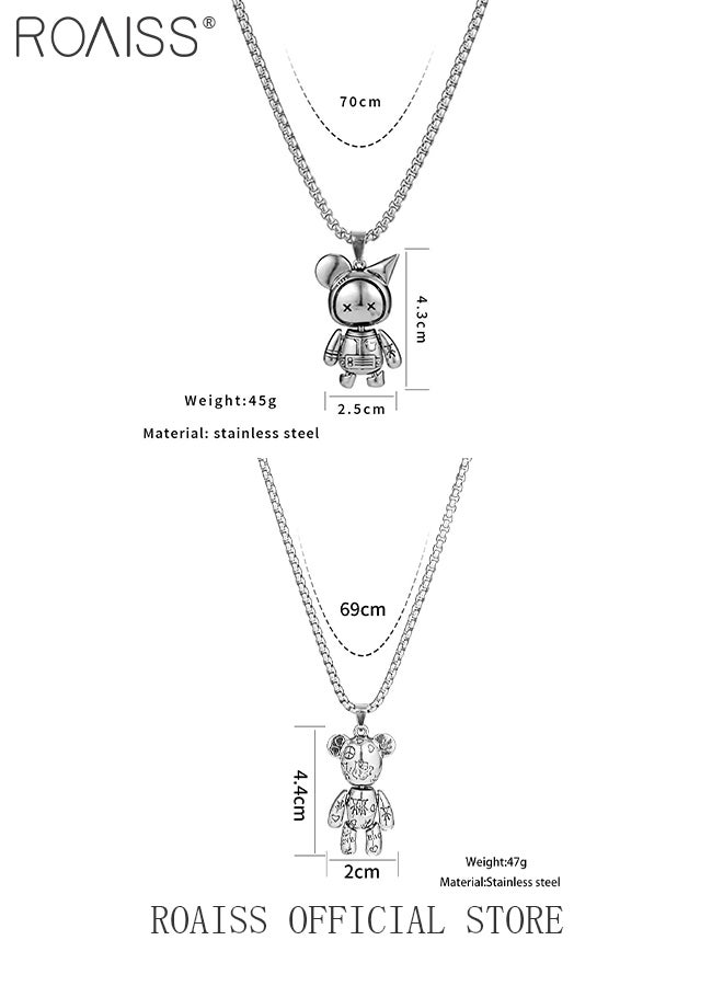 roaiss 2 Piece Necklace Set for Men Ins Cool Bear and Robot Necklace Men Women Pendant Sweater Chain Boys' Jewelry Hip Hop Necklace  - Image 2