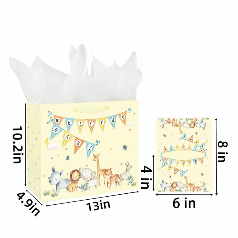 Laidans 13" Large Baby Boy Girl Gift Bag for Baby Shower with Tissue Paper and Greeting Card (Yellow) - Image 3