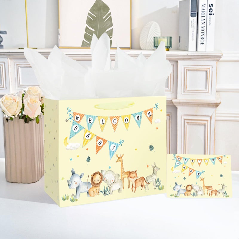 Laidans 13" Large Baby Boy Girl Gift Bag for Baby Shower with Tissue Paper and Greeting Card (Yellow) - Image 5