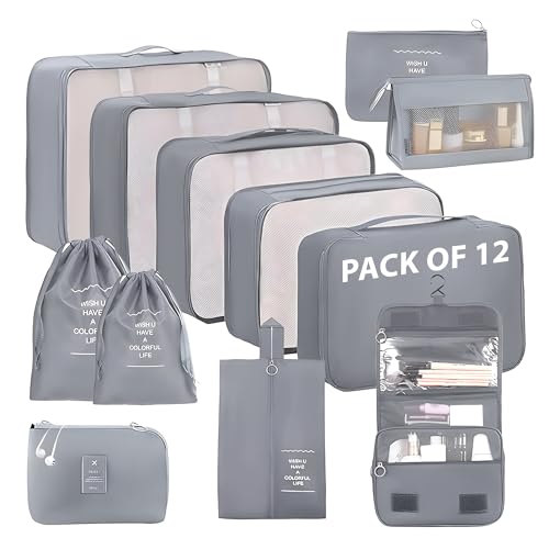 OCEANEVO Set of 12 Packing Cubes, Travel Organizer Bags for Luggage & Suitcase | Includes Various Size Mesh Bags, Lingerie & Shoe Bag, Cosmetic Pouch, Toiletry Bag, Drawstring Bag, Cable Pouch - Image 1