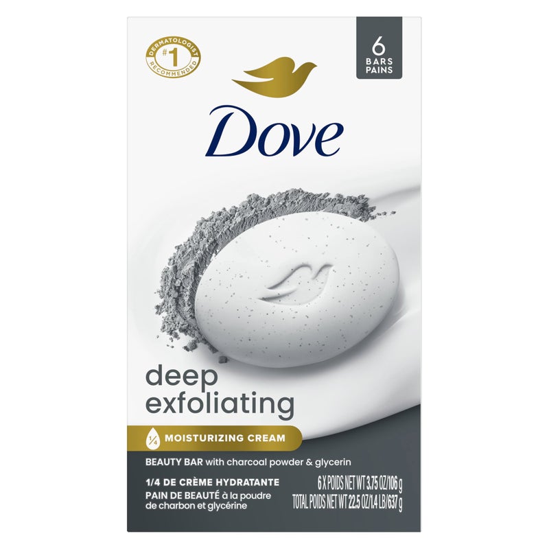 Dove Beauty Bar Soap 6 Bars Deep Exfoliating Charcoal Powder & Glycerin, for Softer, Smoother Skin, Scrubs Away Impurities 3.75 oz - Image 1