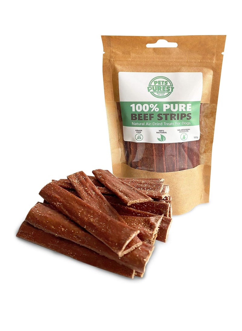 Pets Purest Dog Treats Beef Strips UK 100 percent Natural Air Dried Chews for Dogs Puppy and Senior Pure Healthy Hypoallergenic Grain Gluten and Lactose Free Raw Pet Food Sticks 100g - Image 1
