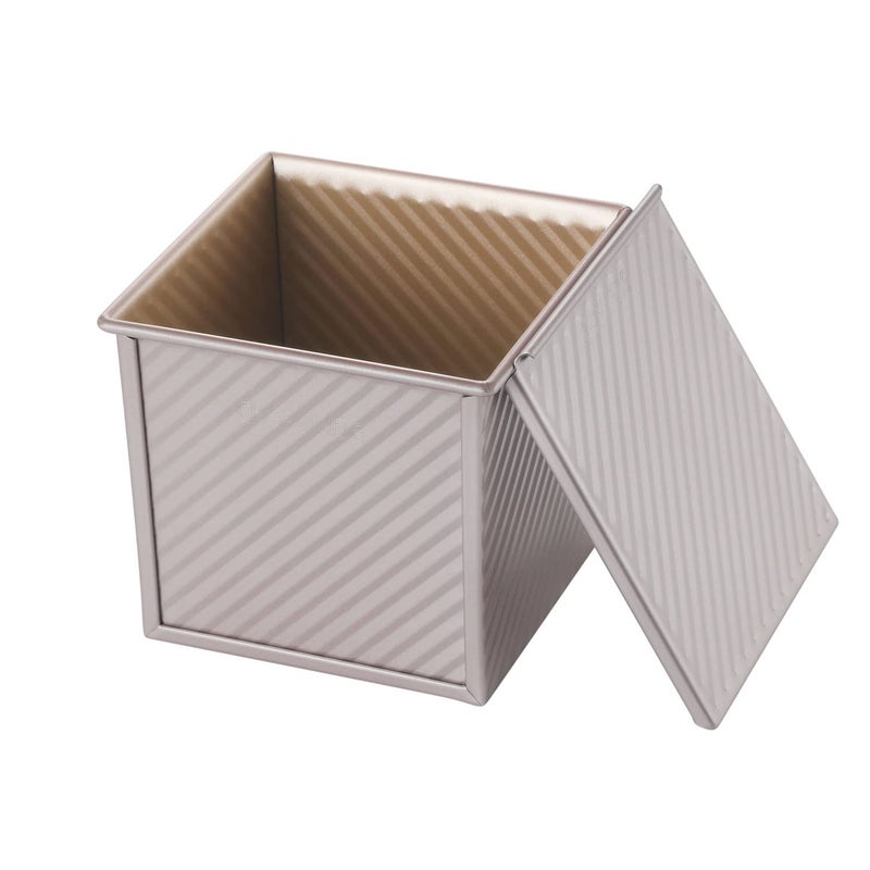 CHEFMADE Square Pullman Loaf Pan with Lid 1Lb Dough Capacity NonStick Rectangle Corrugated Toast Box for Oven Baking 57 x 57x 52Champagne Gold