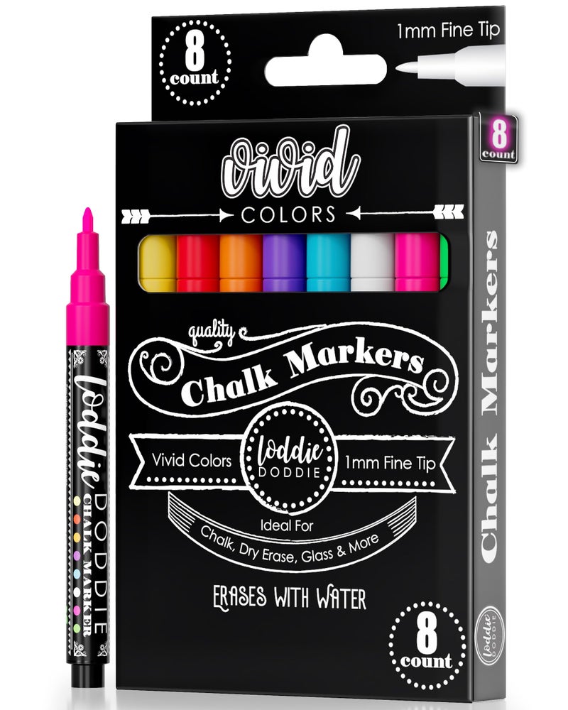 Loddie Doddie Fine Tip Liquid Chalk Markers Pack of 8 1mm Tip Precision Pens for Chalkboard Calendar Art QuickWipe Chalk Pens for Glass Mirrors Vibrant Neon Car Window Markers