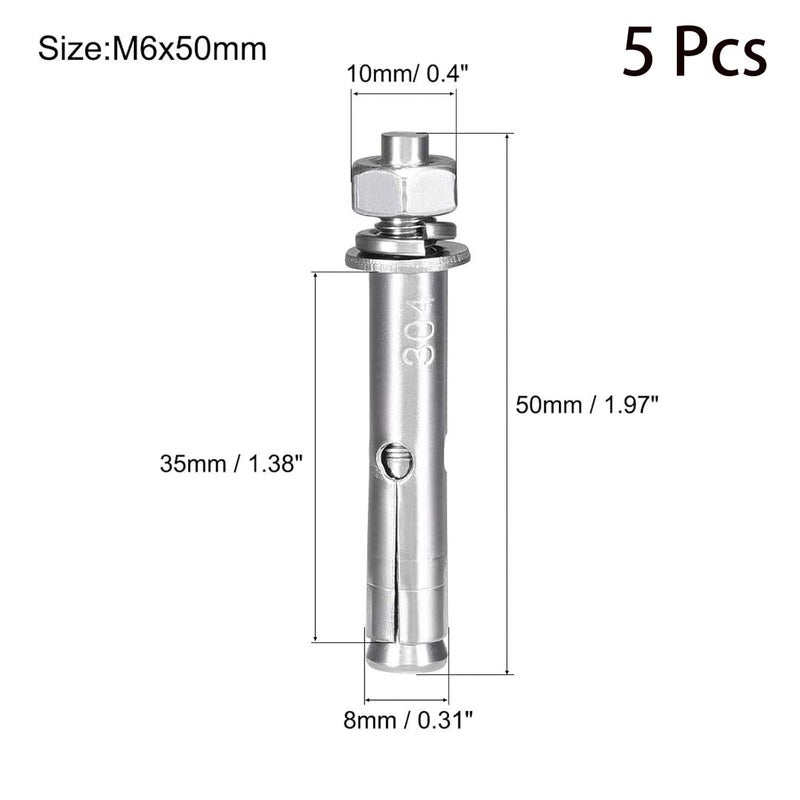 SDY 5 Pcs M6 x 50mm 304 Stainless Steel Expansion Bolt External Hex Expansion Screw Bolt Sleeve Anchor，Pool Safety Cover Expansion Bolts，for Concrete - Image 2