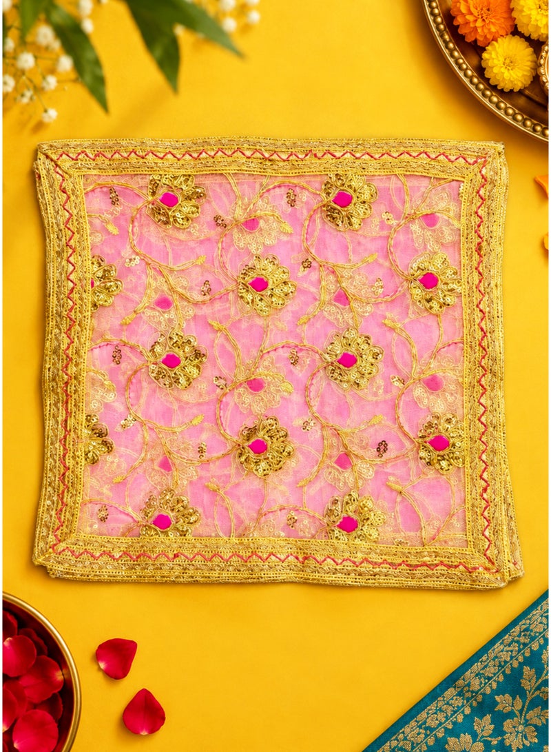Madhoor Gota Flower Deity Idol Chunri Baby Pink for Deity Dressing, Pooja & Festivals, 12 x 12 Inches - Image 1