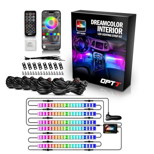 OPT7 Aura DreamColor RGB-IC Car Interior Ambient Light, 6PC Double Row LED Strips, Color Chasing Light Kit w/APP & Remote Control, Universal for Vehicles SUV Trucks Pickups Van - Image 1