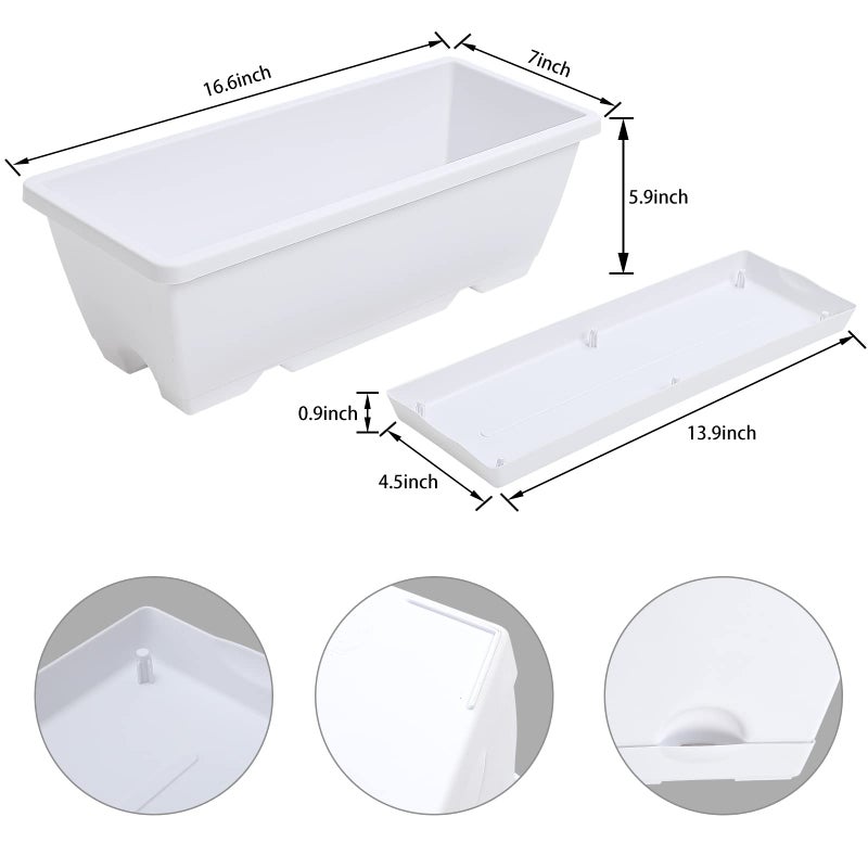 CHUKEMAOYI Window Box Planter, 7 Pack Plastic Vegetable Flower Planters Boxes 17 Inches Rectangular Flower Pots with Saucers for Indoor Outdoor Garden, Patio, Home Decor (White) - Image 2