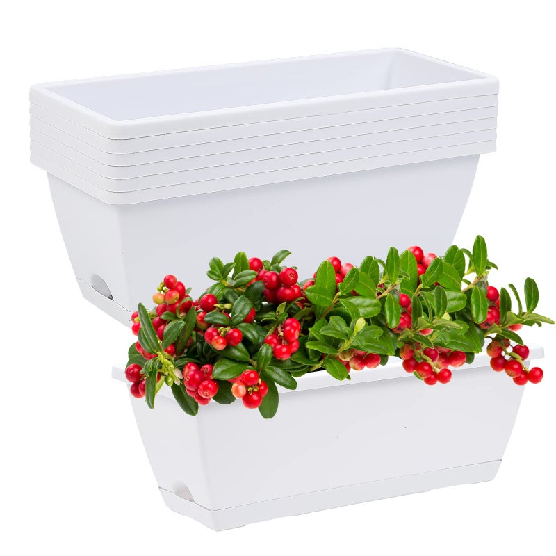 CHUKEMAOYI Window Box Planter, 7 Pack Plastic Vegetable Flower Planters Boxes 17 Inches Rectangular Flower Pots with Saucers for Indoor Outdoor Garden, Patio, Home Decor (White) - Image 1