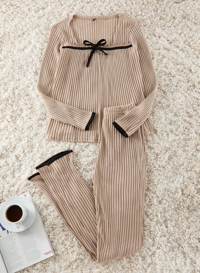 trendyol Beige Cotton Ruffle Ribbon/Bow Corded Fabric Knitted Pajamas Set Thmaw25Pt00217 - Image 4