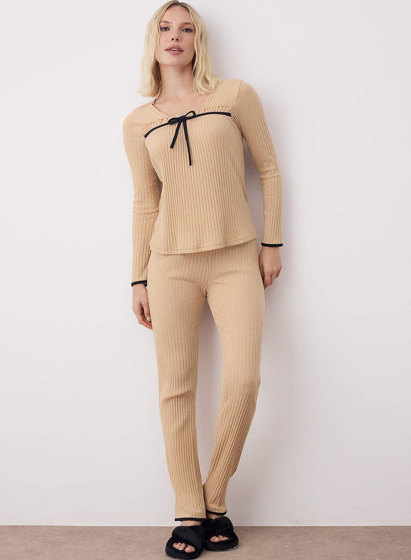 trendyol Beige Cotton Ruffle Ribbon/Bow Corded Fabric Knitted Pajamas Set Thmaw25Pt00217 - Image 3