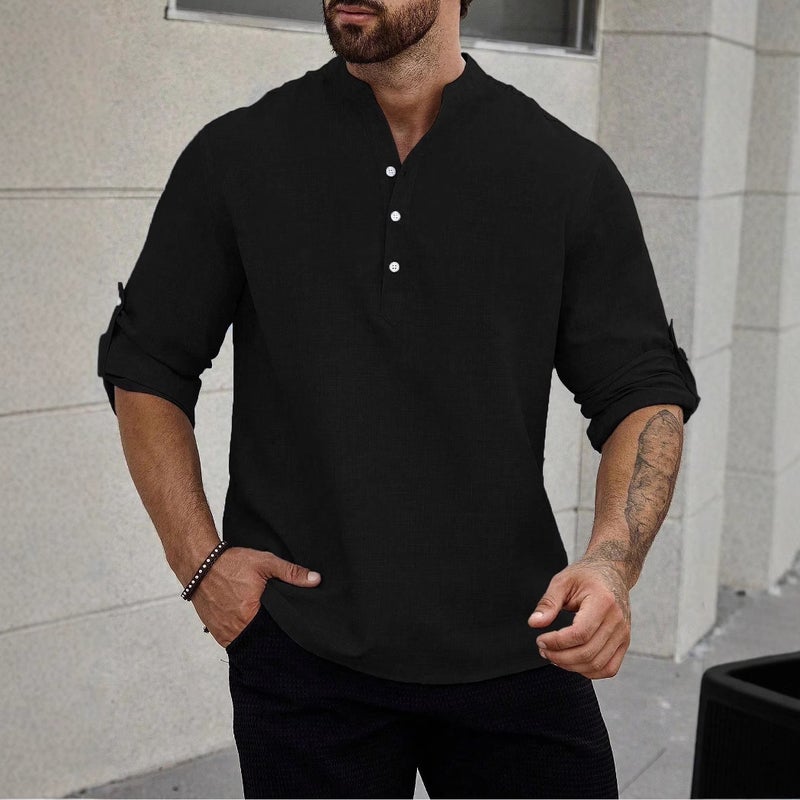 Men's Casual Long Sleeve Shirt Solid Color Lightweight Polyester Blend - Image 2