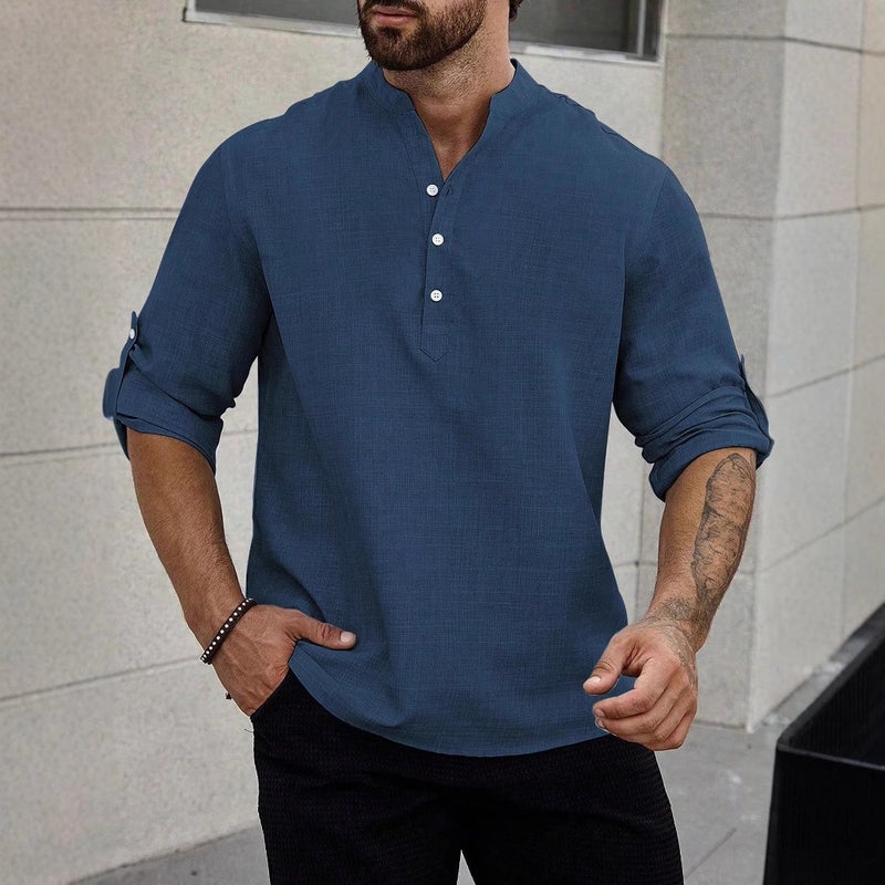Men's Casual Long Sleeve Shirt Solid Color Lightweight Polyester Blend - Image 3
