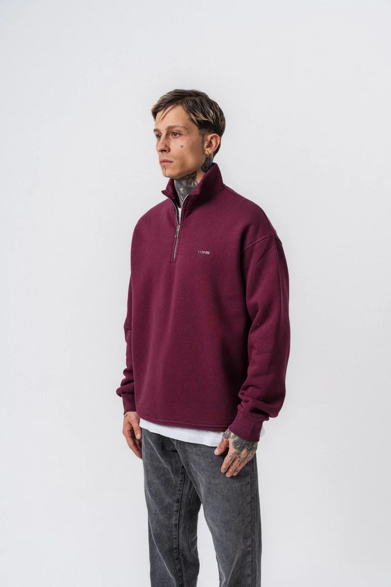 RESPIRE Men's Respire Letter Detail Basic Half-Zip Sweatshirt Cherry (Vişne)