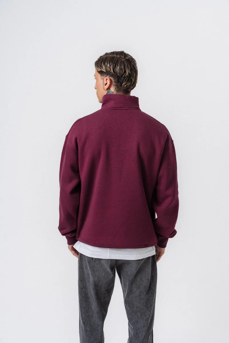 ريسباير سويت شيرت رجالي أساسي نصف بسحاب (Half-Zip) بتفاصيل نص "Respire" لون كرزي (Vişne)