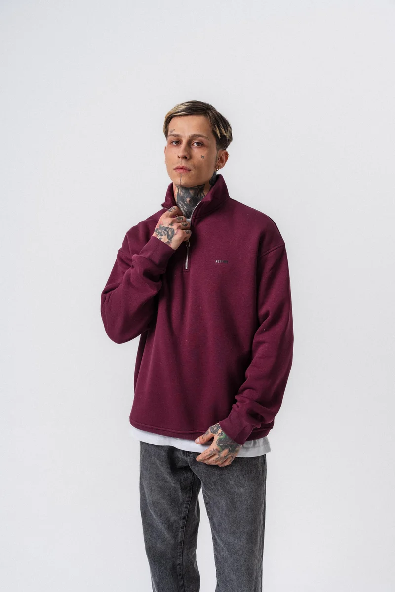 ريسباير سويت شيرت رجالي أساسي نصف بسحاب (Half-Zip) بتفاصيل نص "Respire" لون كرزي (Vişne)
