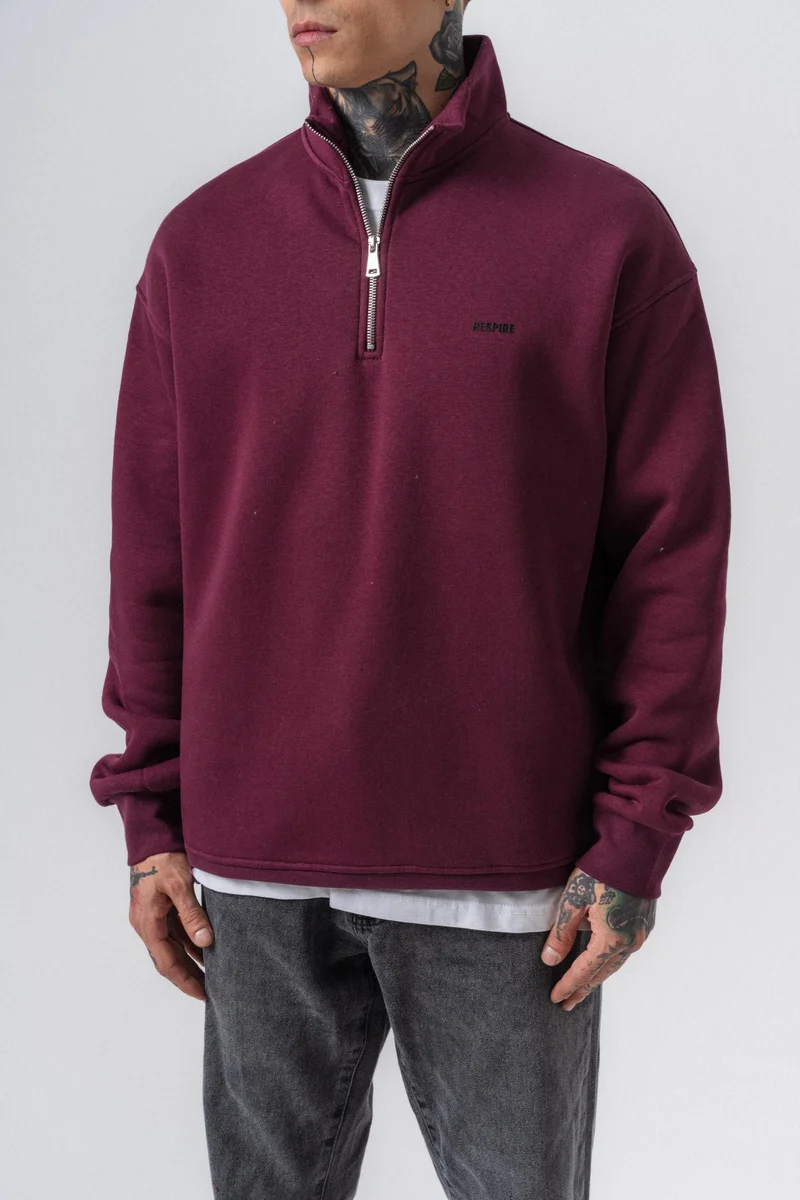 ريسباير سويت شيرت رجالي أساسي نصف بسحاب (Half-Zip) بتفاصيل نص "Respire" لون كرزي (Vişne)