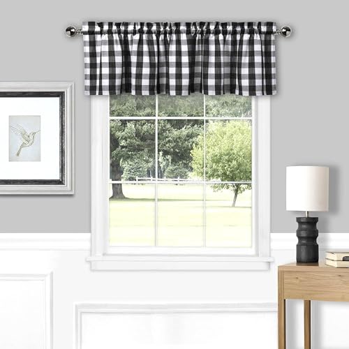 Amzdecor Black White Buffalo Plaid Valance Linen Sheer Cafe Curtain Buffalo Check Plaid Rod Pocket Rustic Farmhouse Kitchen Window Treatment for Living Room Bedroom,1 Panel, 55''x15'', Black and White - Image 1