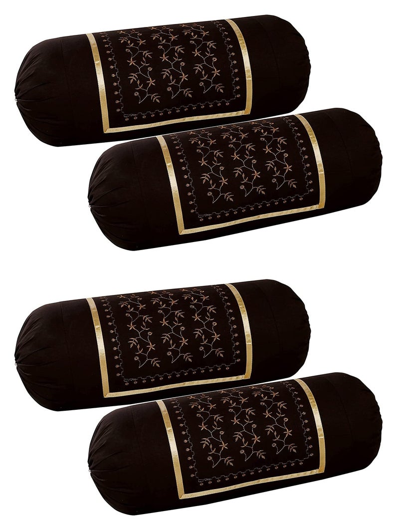 HSR Collection Embroidered Cotton Bolster Round Pillow Covers (Pack of 4, Coffee) - Image 4