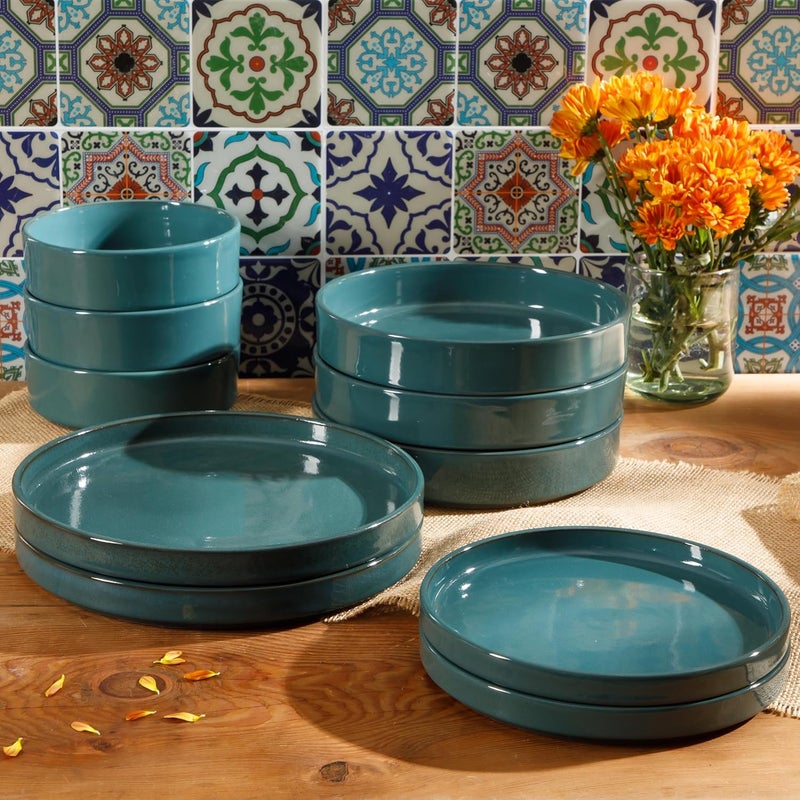 Bloomhouse Oprahs Favorite Things  Santorini Mist Double Bowl Terracotta Reactive Glaze Plates and Bowls Dinnerware Set  Jade Blue Green Service for Four 16pcs - Image 4