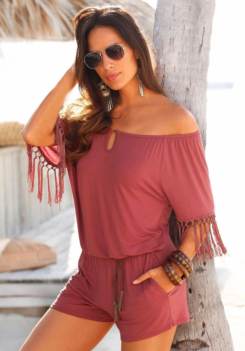 European and American summer dress new one-word collar short-sleeved fringed jumpsuit cool sexy beach casual jumpsuit 8980 ArmyGreen L - Image 2