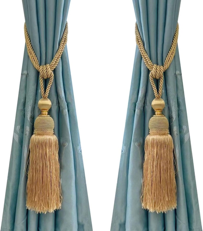 SWTool Selling Wonderful Curtain Holdbacks Curtains Tiebacks Home Decorative Braided Buckle Fastener Accessories Window Drapery Ball Tassels Tiebacks, Set of 2 (Gold) - Image 1