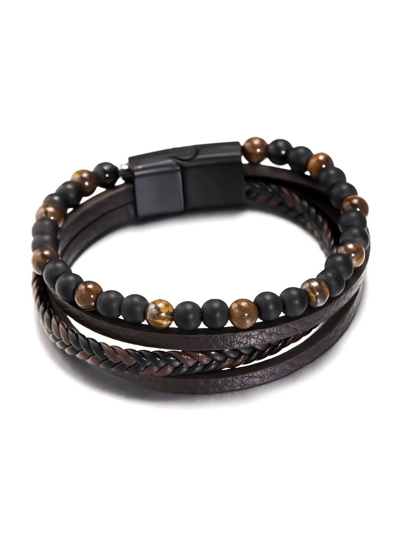 Natural Stone Multi-layered Leather Bracelet, Fashionable and Simple, Easy to Wear, Tiger Eye Stone, Obsidian, Perfect for Men  - Image 1