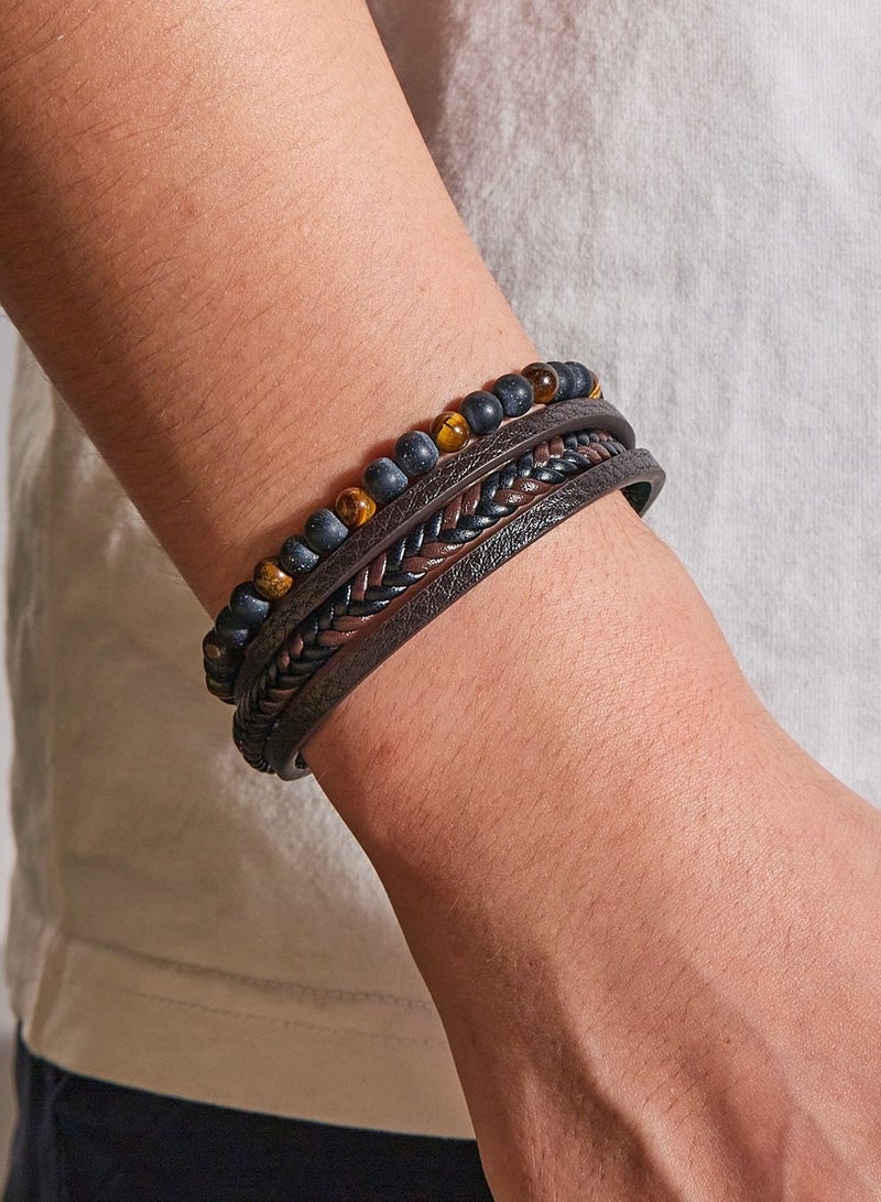 Natural Stone Multi-layered Leather Bracelet, Fashionable and Simple, Easy to Wear, Tiger Eye Stone, Obsidian, Perfect for Men  - Image 3