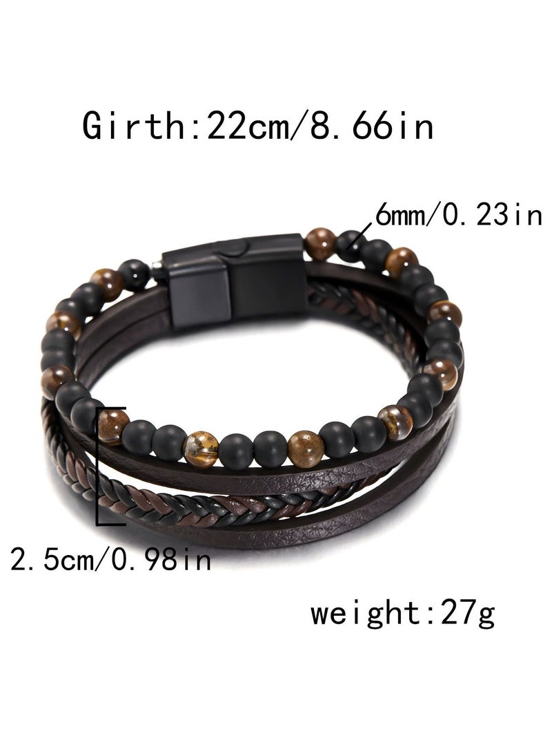 Natural Stone Multi-layered Leather Bracelet, Fashionable and Simple, Easy to Wear, Tiger Eye Stone, Obsidian, Perfect for Men  - Image 2