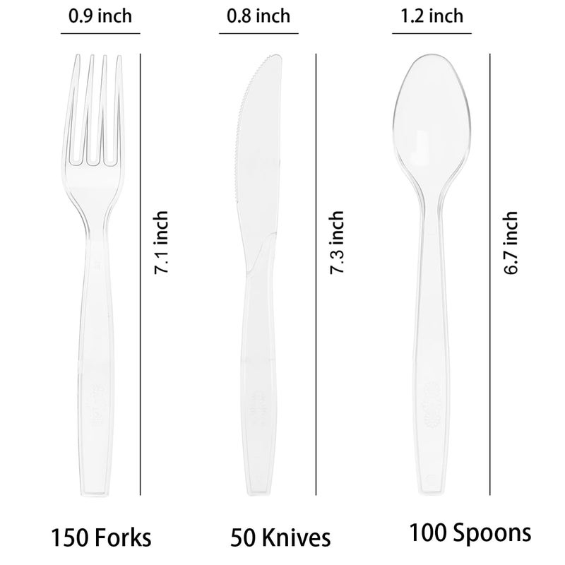 MOACOCK 300 Count Clear Plastic Silverware  Heavy Weight Plastic Forks Spoons Knives Disposable Utensils Cutlery Set for Wedding Party Supplies Everyday Use - Image 2