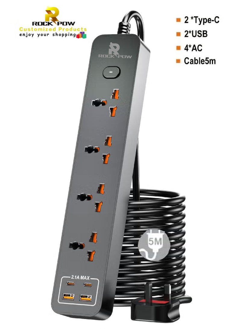 Rock Pow 5 meters Universal Extension Lead with Multiple Function UK Plug 3 Pin Socket Outlet with 4 Gang 2 USB Port 2 Type-C Port 5M Electric Socket Mains Strip for Home Kitchen and Office 5 meters ﻿ - Image 1