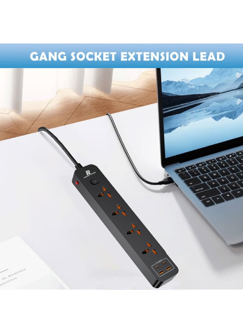 Rock Pow 5 meters Universal Extension Lead with Multiple Function UK Plug 3 Pin Socket Outlet with 4 Gang 2 USB Port 2 Type-C Port 5M Electric Socket Mains Strip for Home Kitchen and Office 5 meters ﻿ - Image 3